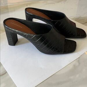 Reformation Black Croc-Embossed Open-Toe Block Heel Mules